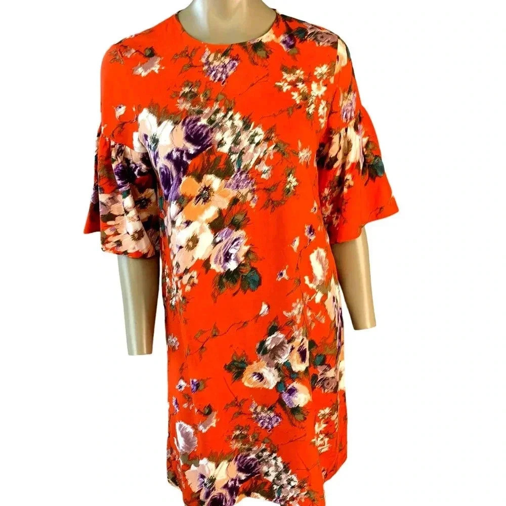 H&M Watercolor Floral Shift Dress Women Size 6 Bell Sleeves Casual Viscose